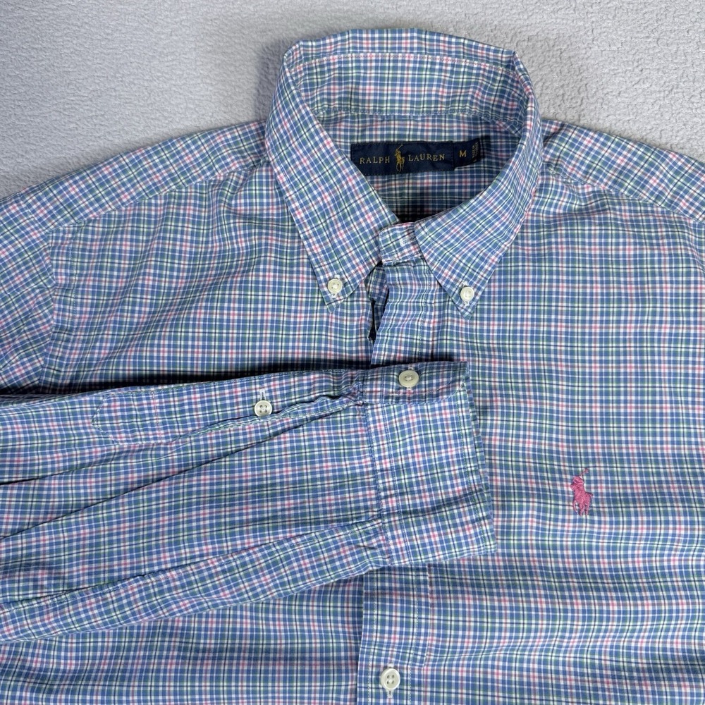 Ralph Lauren Shirt Mens Medium Blue Pink Plaid Long Sleeve Button Down Casual